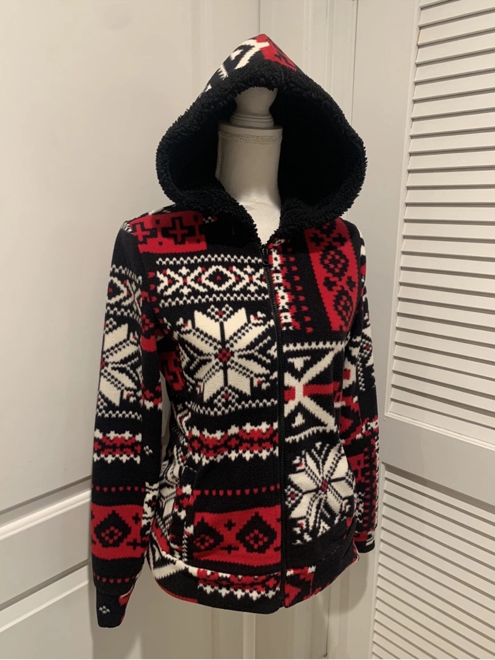 Ralph Lauren Red Black White Hooded Fleece Snowflake Hooded Zip up Jacket Sz XL